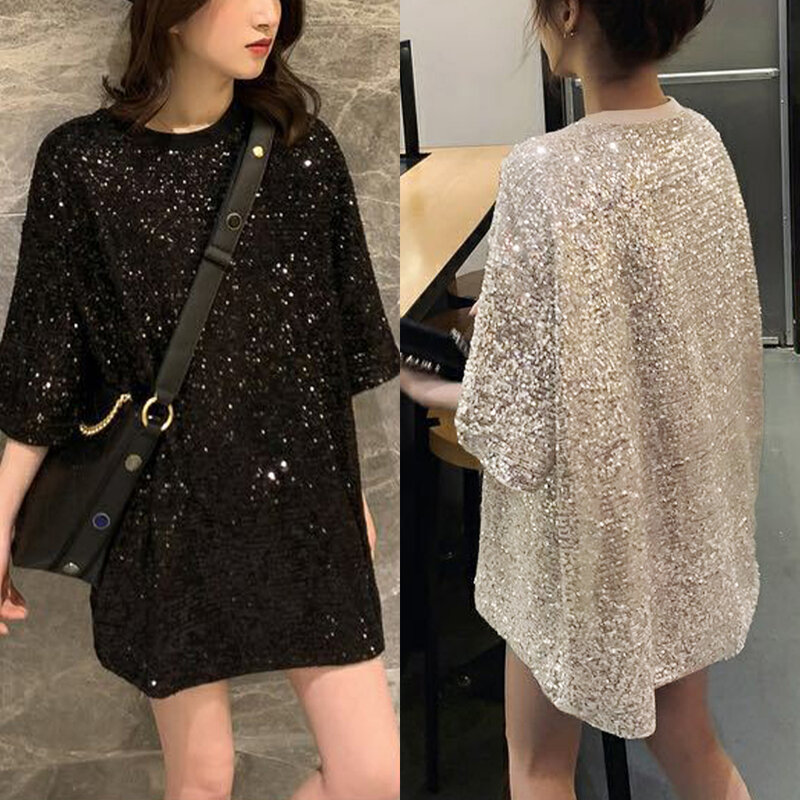 Fashion Sequin Embroidery Top Women T-shirts Dress Three-quarter Sleeve Loose Plus Size Solid Color T Shirt Clothing