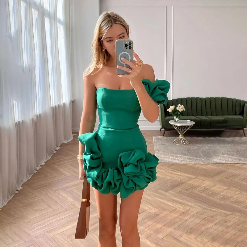 Damska jedno ramię 3D falbany Bodycon Mini sukienka elegancka impreza na wakacje wieczór Backless kobieca krótka sukienka Vestidos lato