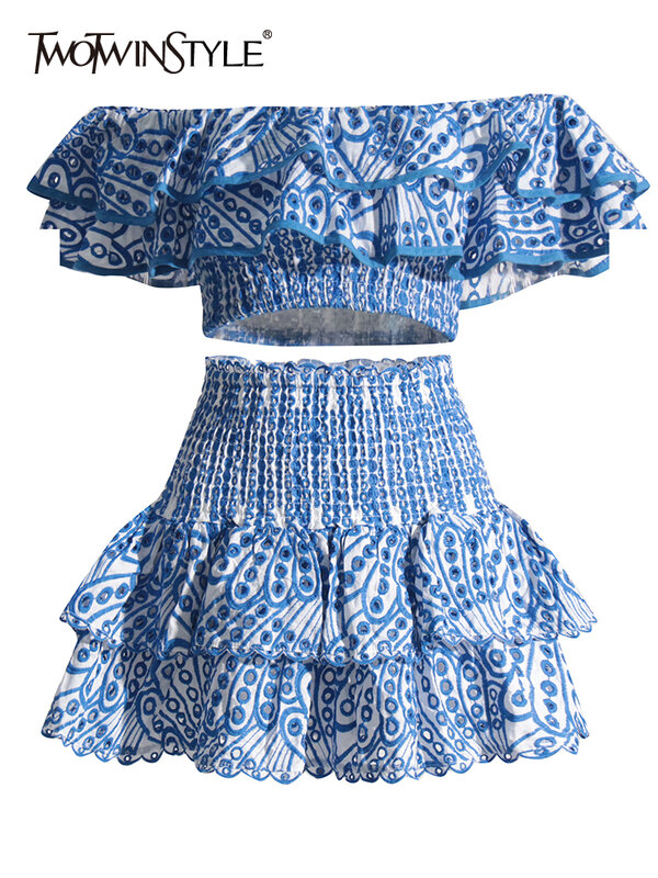 Женский комплект из двух предметов TWOTWINSTYLE, летний Свободный Топ с коротким рукавом и вырезом лодочкой, юбка с высокой талией