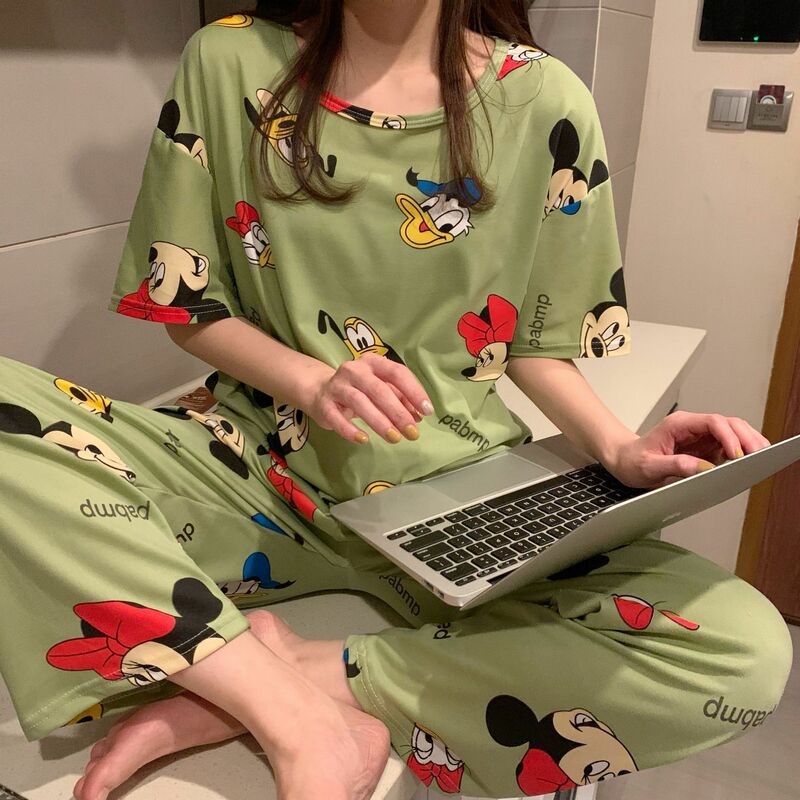 Disney-Pyjama imprimé Minnie pour femme, dessin animé, mignon, manches courtes, pantalon, mince, costume 2 pièces, vêtements de maison décontractés, été