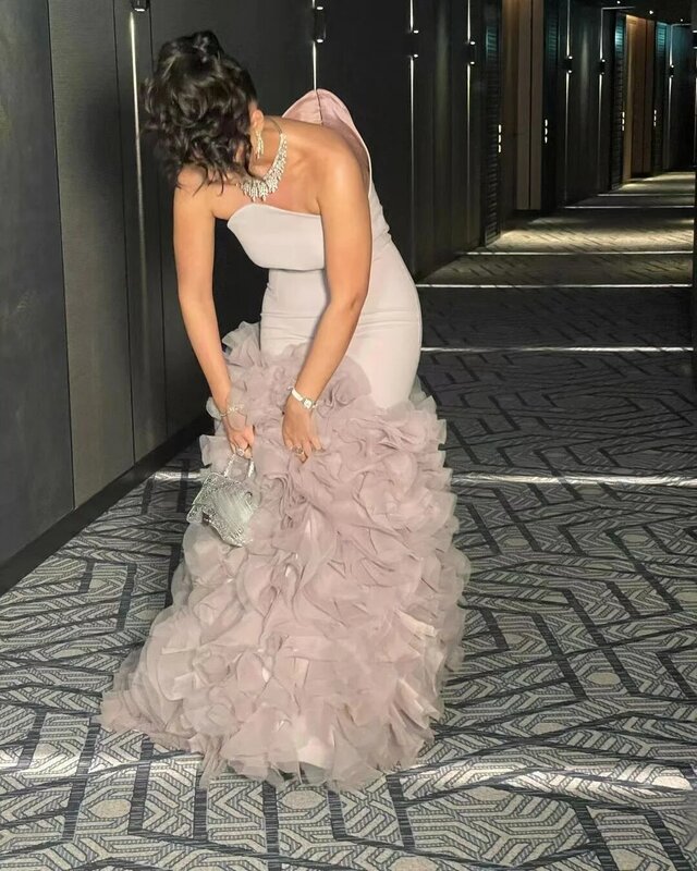 New Style Ruffles Pink Mermaid Prom Dresses Tulle Strapless 2023 Saudi Arabia For Women Wear Evening Gowns Zipper Back Vestidos