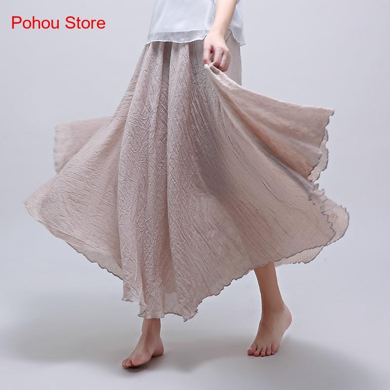 Falda larga de lino y algodón con cintura elástica para mujer, estilo étnico sólido, línea A, dobladillo grande