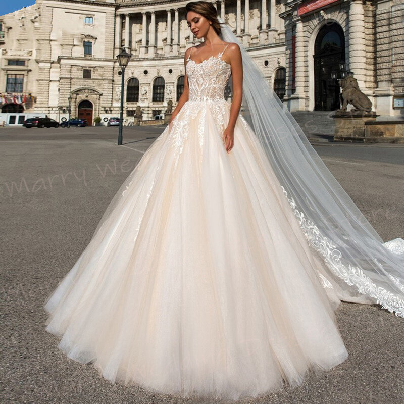 Gaun pernikahan wanita garis A indah Modern gaun pengantin applique klasik gaun pengantin tali spageti seksi jubah putri