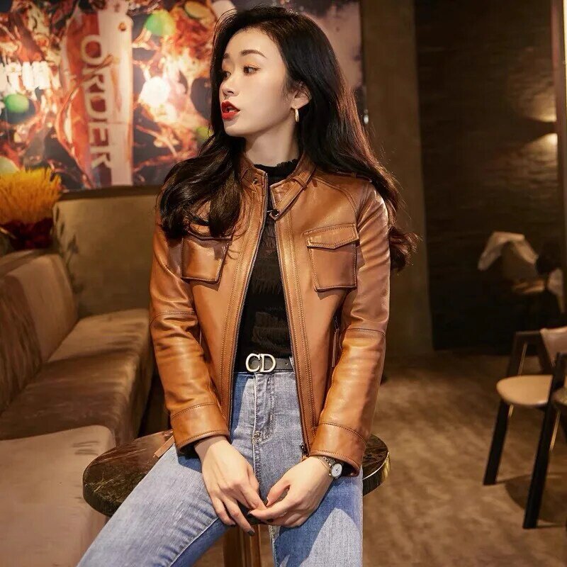 2022 Women Short Locomotive Autumn and Winter New Stand-up Collar Jacket  All-match Leather Jacket G3