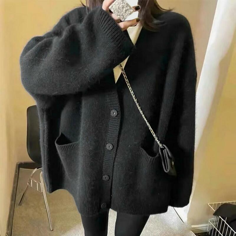 Casual V-neck Cardigan Cozy Knitted Sweater Coat Button Closure Solid Color Pockets Women's Fall/winter Cardigan with Elasticity