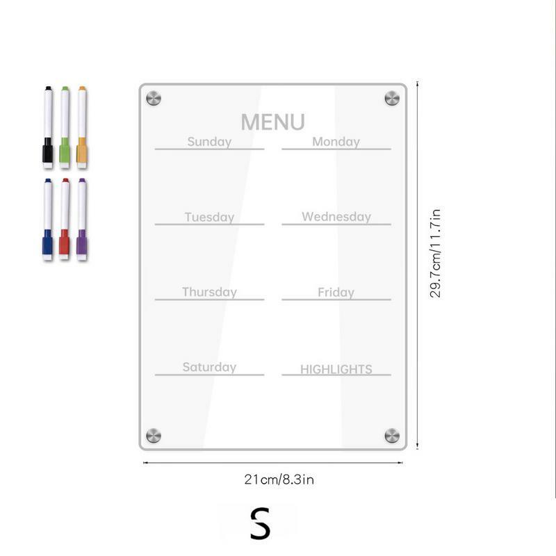 Tablero de notas de planificación de refrigerador, tableros de planificación transparentes magnéticos, tablero de notas acrílico con 6 marcadores para grabación semanal