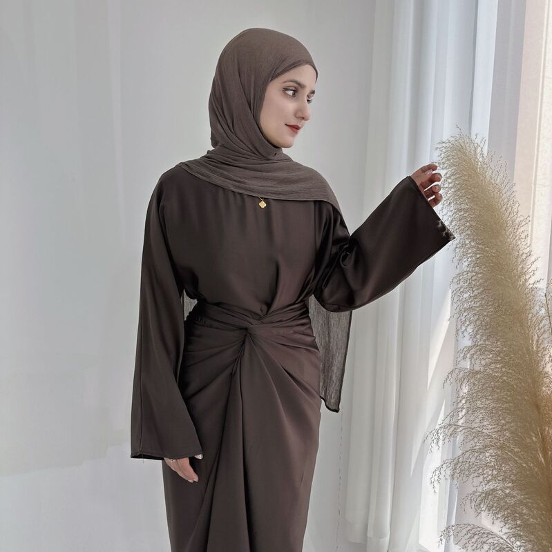 Eid 2 Pieces Under Abaya Dress with Wrap Front Skirt Set Arabic Nida Inner Long Dresses for Muslim Women Dubai Islamic Clothing