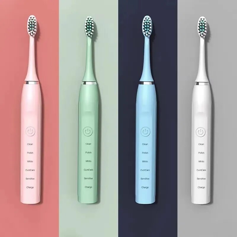 Cepillo de dientes eléctrico sónico para adultos, recargable, automático, pelo suave, impermeable, 4 cabezales