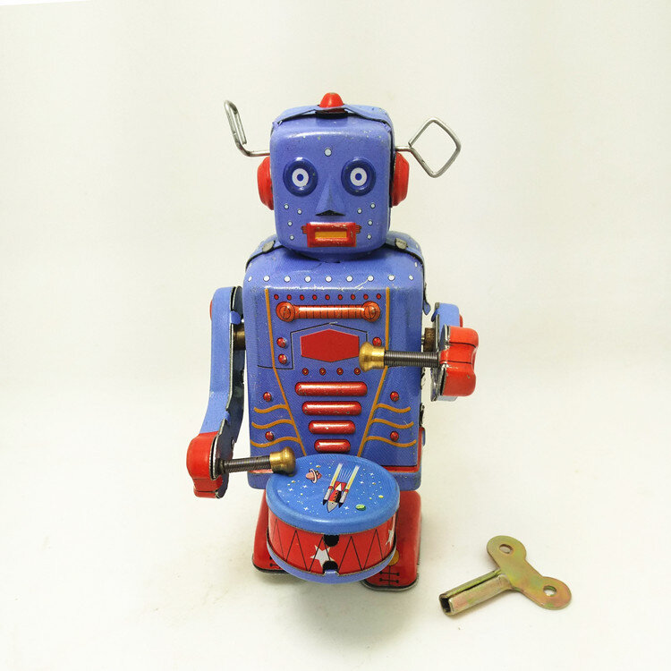Vintage Đánh Trống Robot Thiếc Kim Loại Đồng Hồ Gió Lên Tín Hình Đồ Chơi Sưu Tập Cổ Điển Đồ Chơi Cho Bé Trai Trẻ Em Quà Tặng Giáng Sinh