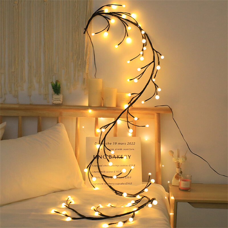 Árbol de enredadera navideño con 72 luces LED, 2,5 M, globo de hadas, luz de rama de árbol de sauce flexible para exteriores, decoración de pared de fiesta en casa
