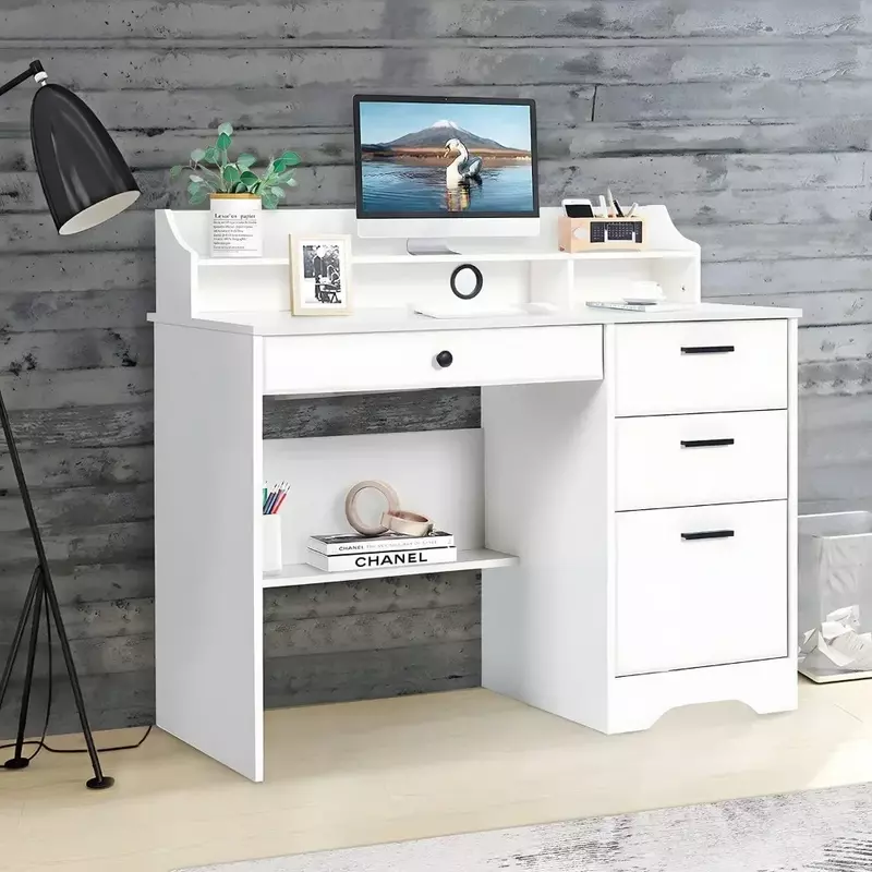 Scrivania con cassetti e contenitore, scrivania da ufficio, tavolo da Computer con 4 cassetti e Hutch, scrivania piccolo tavolo bianco con cassetti