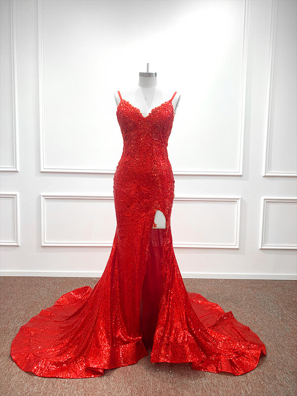 Женское вечернее платье с юбкой-годе, красное блестящее платье с бусинами и аппликацией из жемчуга, изысканное официальное платье для торжества