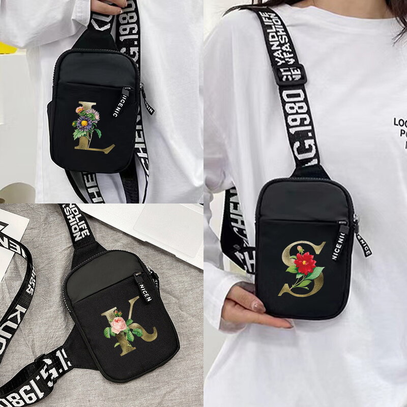 Chest Bag Outdoor Sports Mobile Phone Bag Wallet Running Chest Pack Yoga Bum Bag Golden Flower Initial Name A To Z Pattern