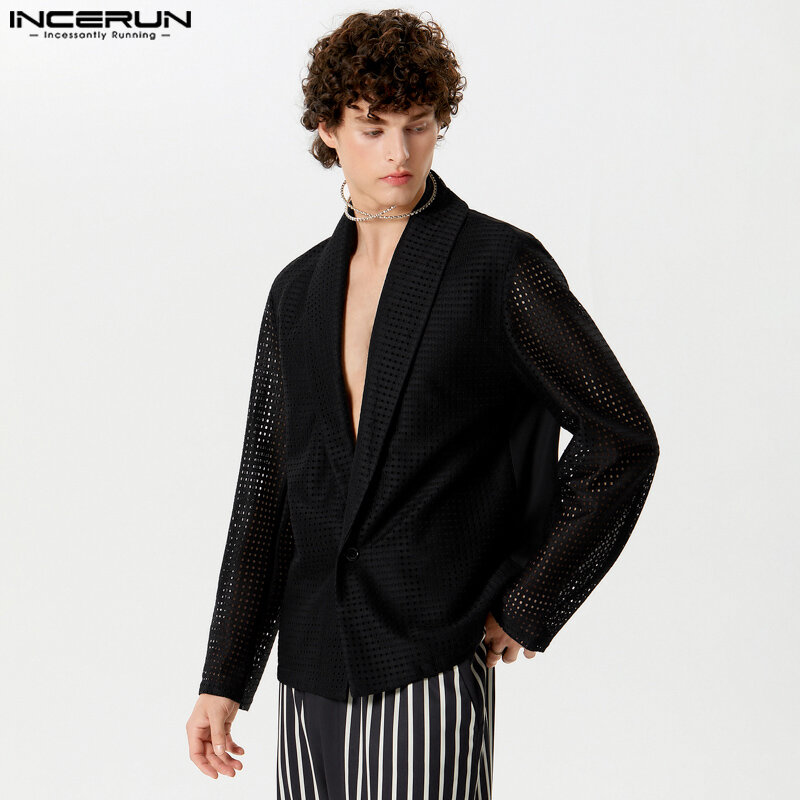 INCERUN-Blazer de um botão masculino, casacos de malha casuais, lapela de um botão, streetwear monocromático, elegante e casual, 2022