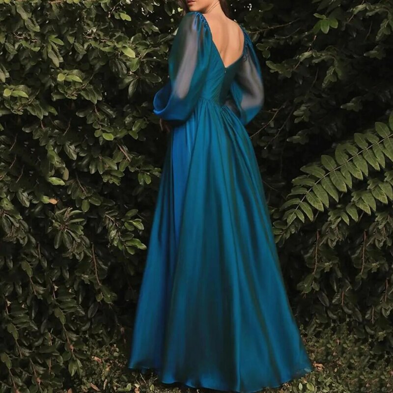 Elegant Blue A-Line Evening Dress V-Neck Backless Formal Floor Length Puff Long Sleeves Gowns Pleats Chiffon For Women 2023