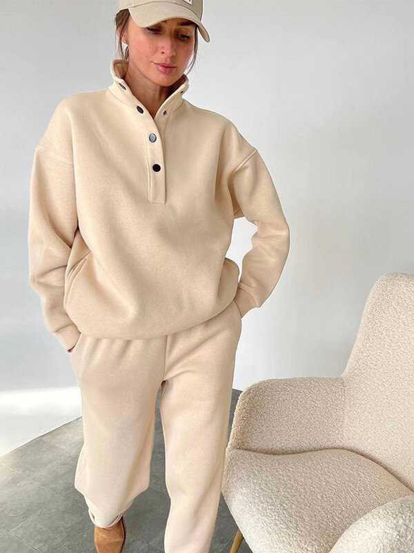 Set Sweatshirt bulu domba musim dingin 2023, dua potong kasual kerah berdiri Pullover longgar pinggang tinggi celana olahraga