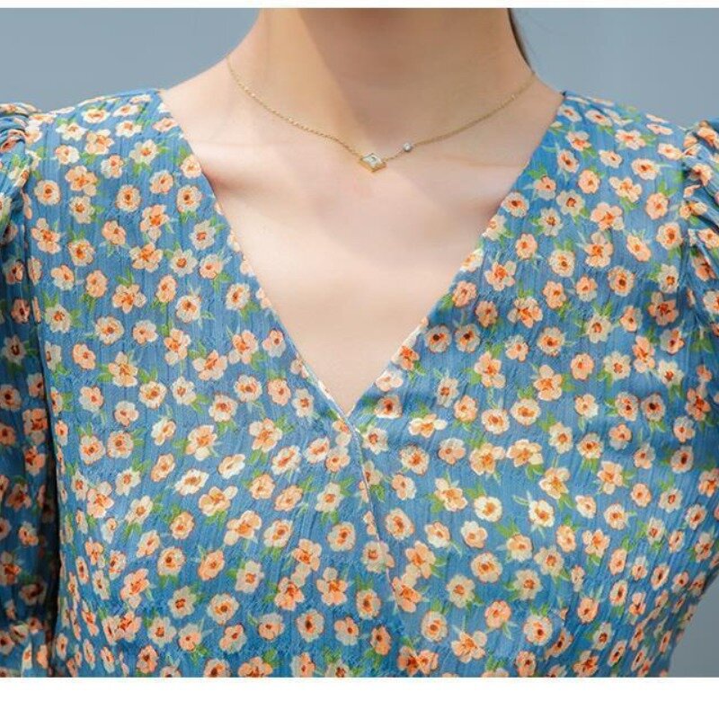 Letnie nowe słodki, szykowny szyfonowe bluzki krótkie, z nadrukiem rękaw typu bombka sznurkiem splecione marszczone dekolt w szpic damskie koszulki topy