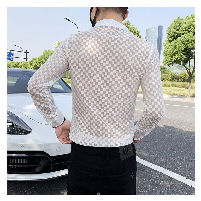 Spring Summer New POLO Collar Fashion Long Sleeve Shirt Man High Street Casual Button Cardigan Hollow Out Sheer Personality Top