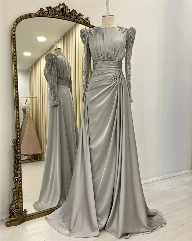 Grey Muslim Prom Dress O-Neck Lace Appliques Beading Long Sleeves Formal Evening Dress Undetachable Train New Wedding Party Gown