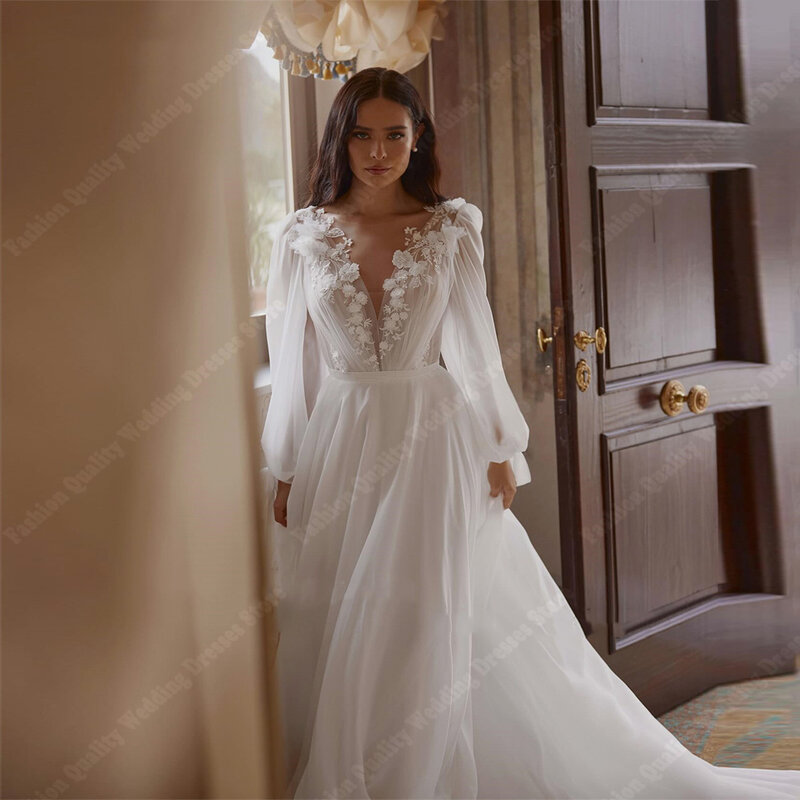 Gaun pengantin wanita sifon bersinar gaun pengantin A-Line lengan panjang halus gaun pengantin wanita 2024 gaun putri motif cerah