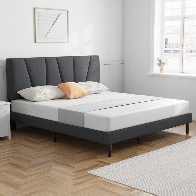Marco de cama completo, plataforma tapizada con cabecero y listones de madera fuertes, gran capacidad de peso, antideslizante y sin ruido