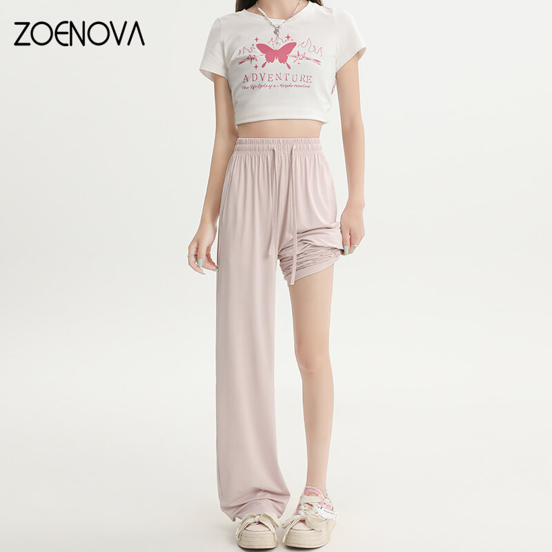 ZOENOVA-pantalones de pierna ancha para mujer, pantalón informal Lyocell de seda de hielo de alta calidad, moda coreana, cintura elástica, protección solar recta