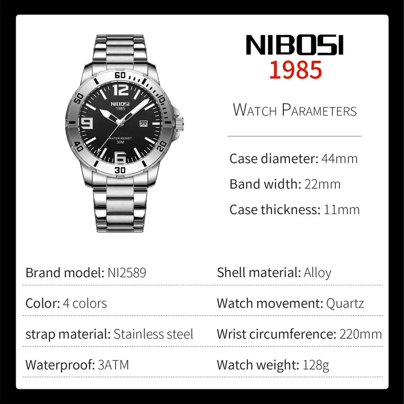 Часы наручные NIBOSI Мужские кварцевые, брендовые Роскошные водонепроницаемые светящиеся в деловом стиле из нержавеющей стали
