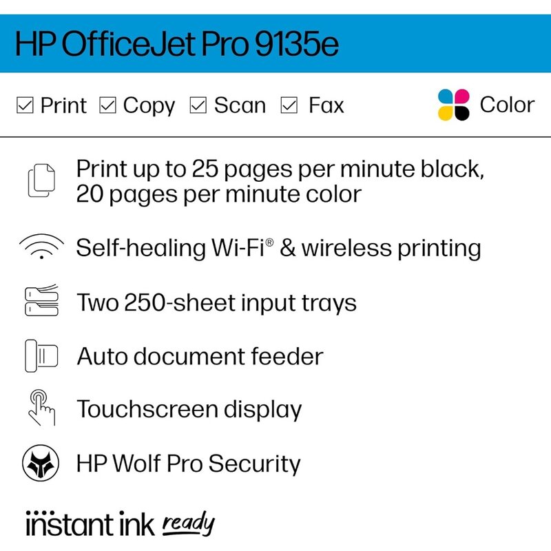 OfficeJet Pro 9135e All-in-One Printer, Color, Printer-for-Small Medium Business, Print, Copy, scan, fax