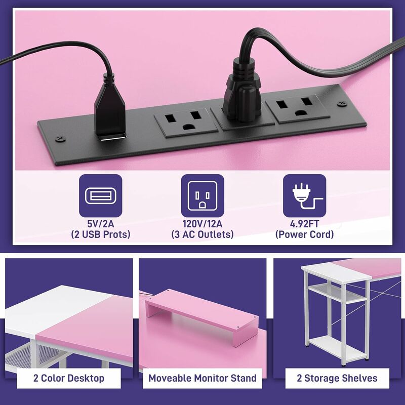 L Shaped Desk with Power Outlets and USB Ports, Reversible L Shaped Gaming Computer Desk with LED Light, 83.5'' Large 2 Person D