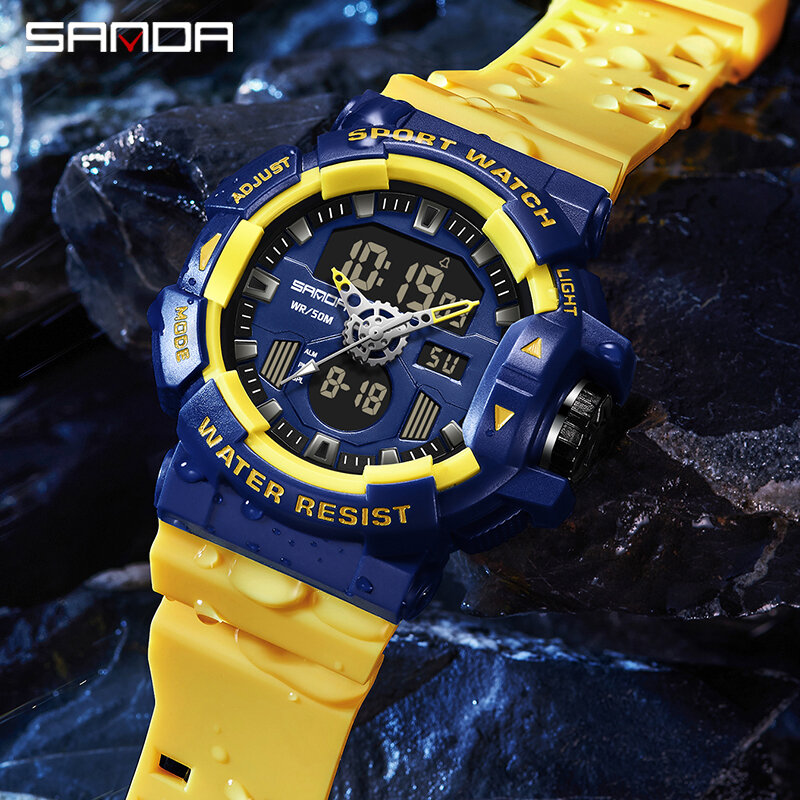 Moda Sanda Men Sport Relógio De Pulso Amarelo Azul Quartzo Impermeável Dual Led Display Militar Masculino Relógio Relógios Relogio masculino