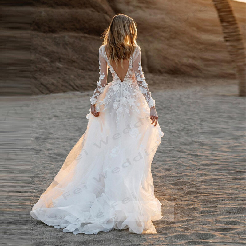 Artystyczne damskie suknie ślubne seksowne cienka koronka z dekoltem w serek aplikacja księżniczka suknie ślubne 2024 formalne impreza na plaży Vestido De Novia