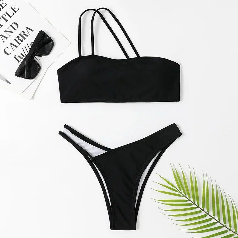 Maillot de bain noir sexy pour femmes, ensemble deux pièces, col licou, culotte tanga, style brésilien, vêtements de plage, 2024