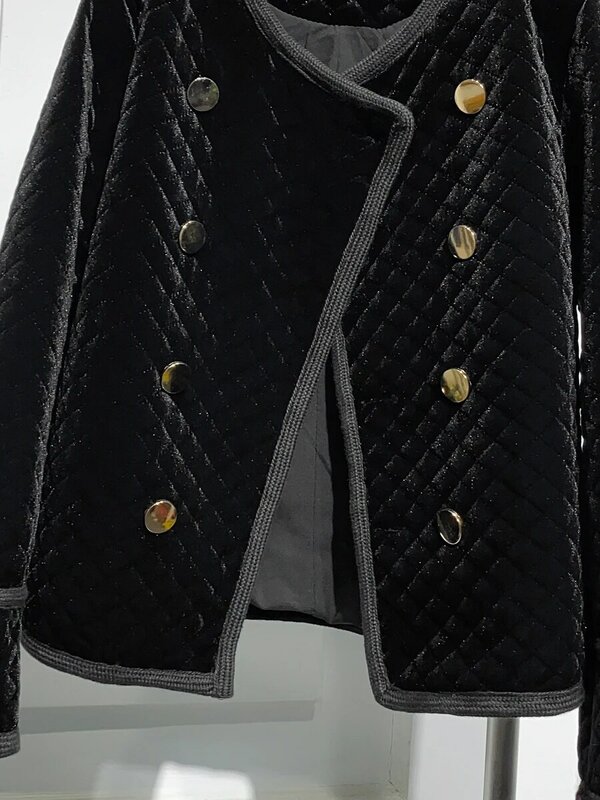 Модное бархатное пальто с ромбовидным узором и хлопковой подкладкой, новинка зимы 2023, элегантный облегающий двубортный короткий стеганый костюм, пальто для женщин
