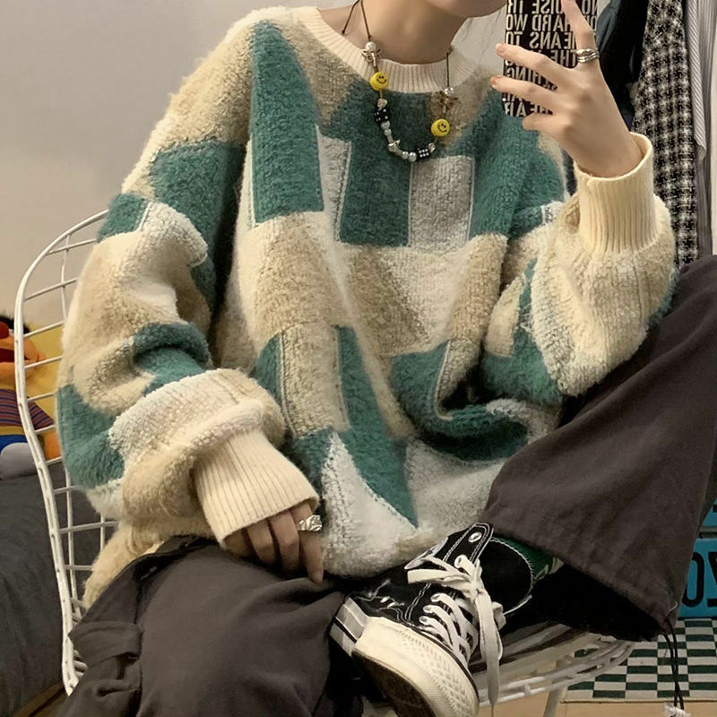 2023ins vintage sweter z okrągłym dekoltem w stylu męskim zima koreańska wersja trend leniwy styl luźna dzianina para sweter