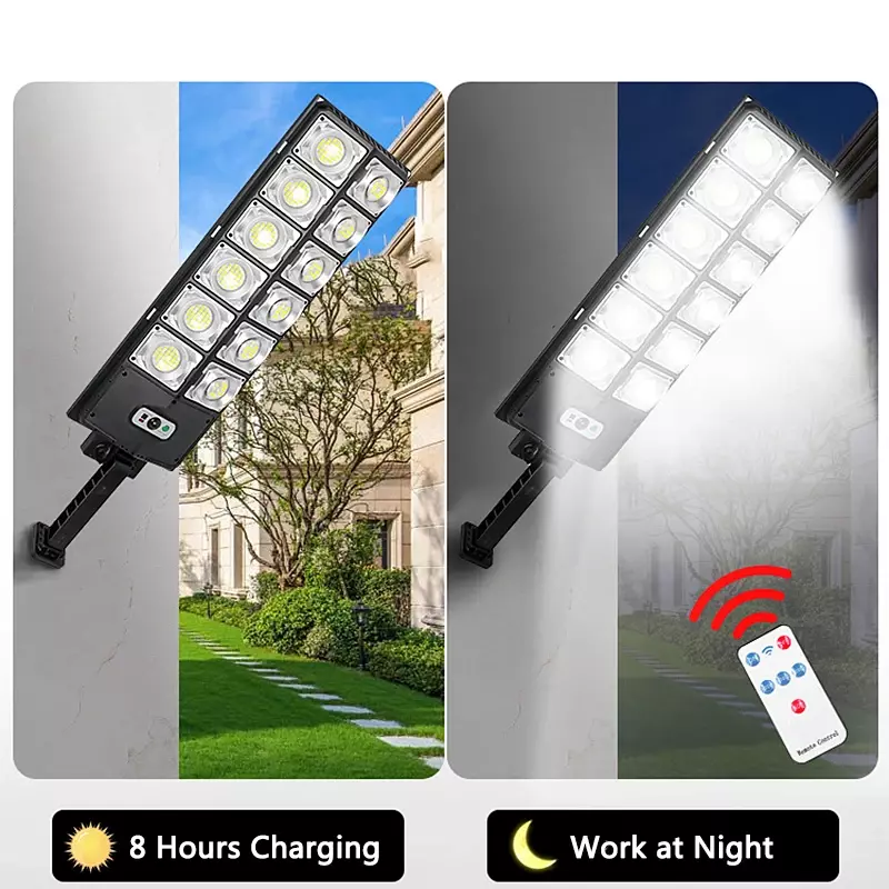 Luzes de rua solares com 3 modos luminosos, lâmpada impermeável com controle remoto, sensor de movimento, iluminação para jardim, pátio, caminho