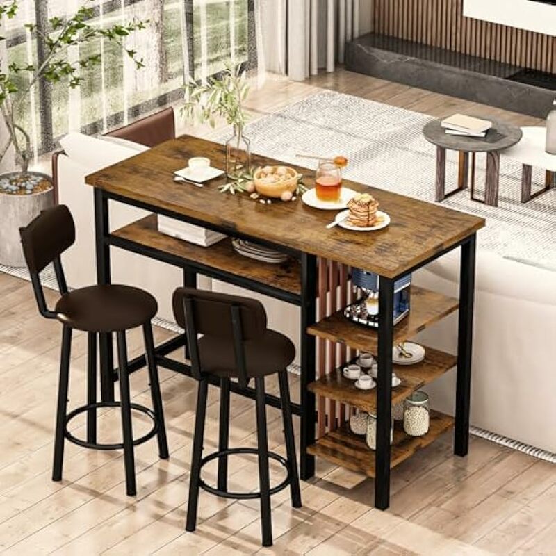 Juego de mesa de Bar para 2, conjunto de mesa y sillas de Bar Bistro con almacenamiento, mesa de comedor de altura de mostrador con taburetes, cocina