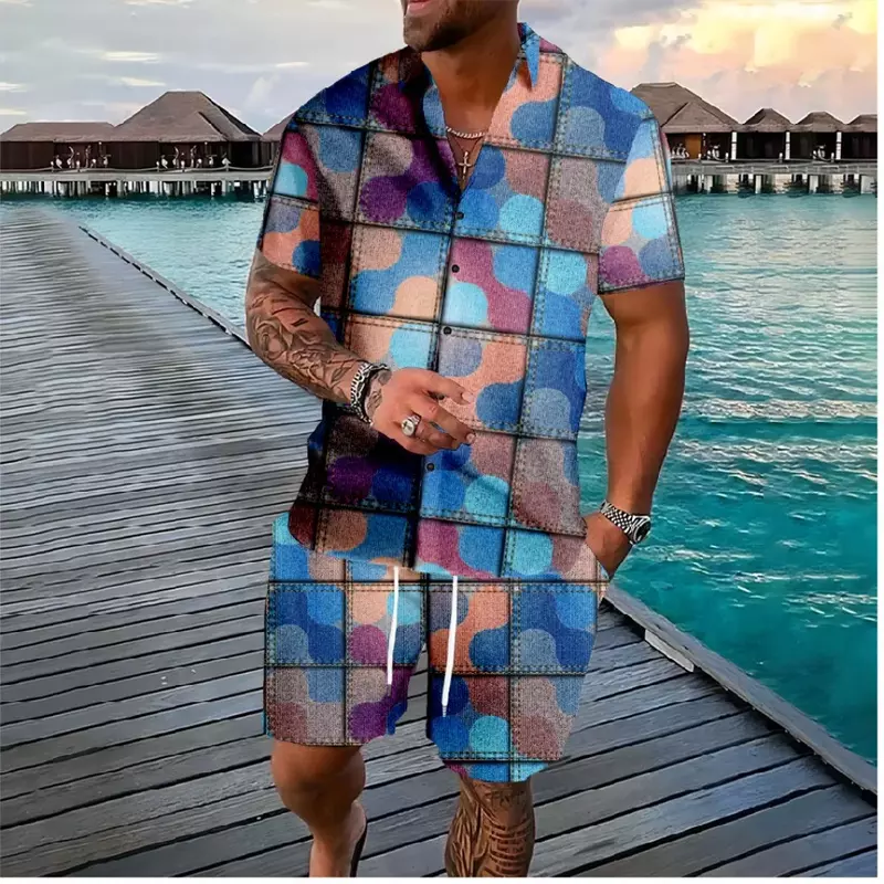 Hawajskie koszule z kratką punkowym guzikiem spodenki dresy w kolorze zestawy garniturów Streetwear Hipster casualowa odzież plażowa męska