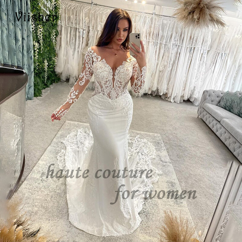 Long Sleeve Wedding Dresses for Bride V Neck Lace Appliques Satin Mermaid Bride Dress with Train Beach Bridal Gowns 2024