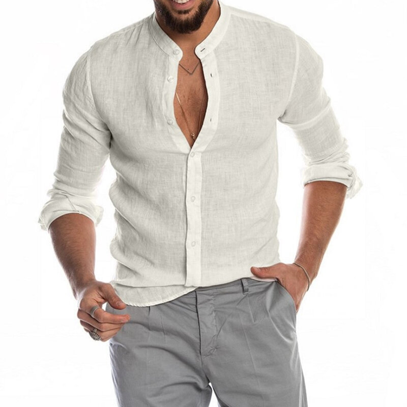 Casualowe męskie bawełniane lniane koszule z długim rękawem i pojedynczym guzikiem ze stójką Baggy Solid Tops Shirt And Blouse Odzież męska
