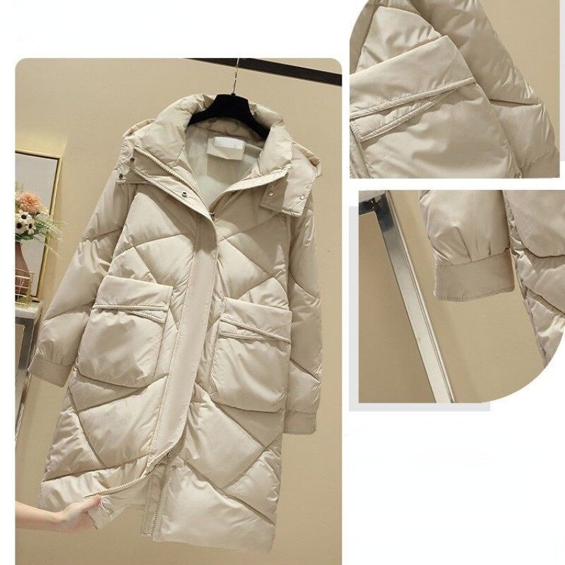 Manteau en duvet de coton pour femme, veste d'hiver pour femme, parka version coréenne, vêtements d'extérieur mi-longs, pardessus à capuche optique, nouveau, 2023