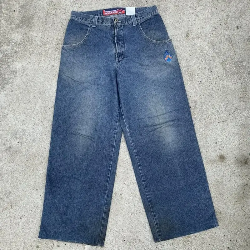 JNCO-Calça jeans retrô azul solta masculina e feminina, streetwear gótico, cintura alta, calça larga, padrão hip-hop, Harajuku, Y2K