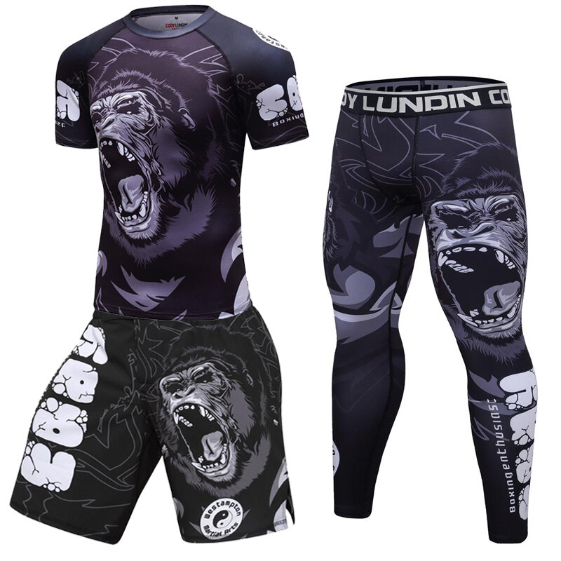 New Men Boxing Set Compression Jersey Pants 3D Orangutan Print Rashguard Kickboxing Tight T-shirts Pants Muay Thai MMA Fightwear