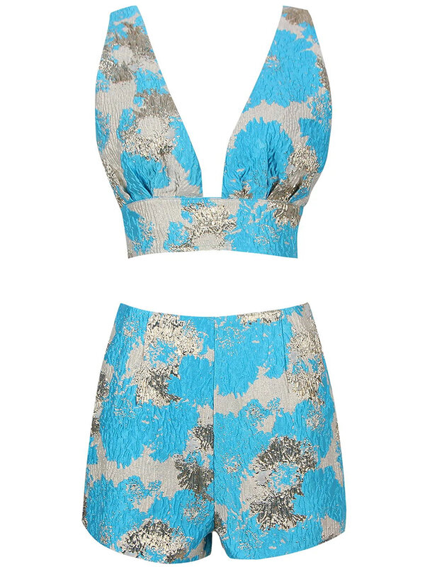 Jacquard Plunge Two Piece Set Top and Shorts Women Blue 2 Pece Set Elegant Sexy Evening Club Party Outfits Summer 2022 Fashion