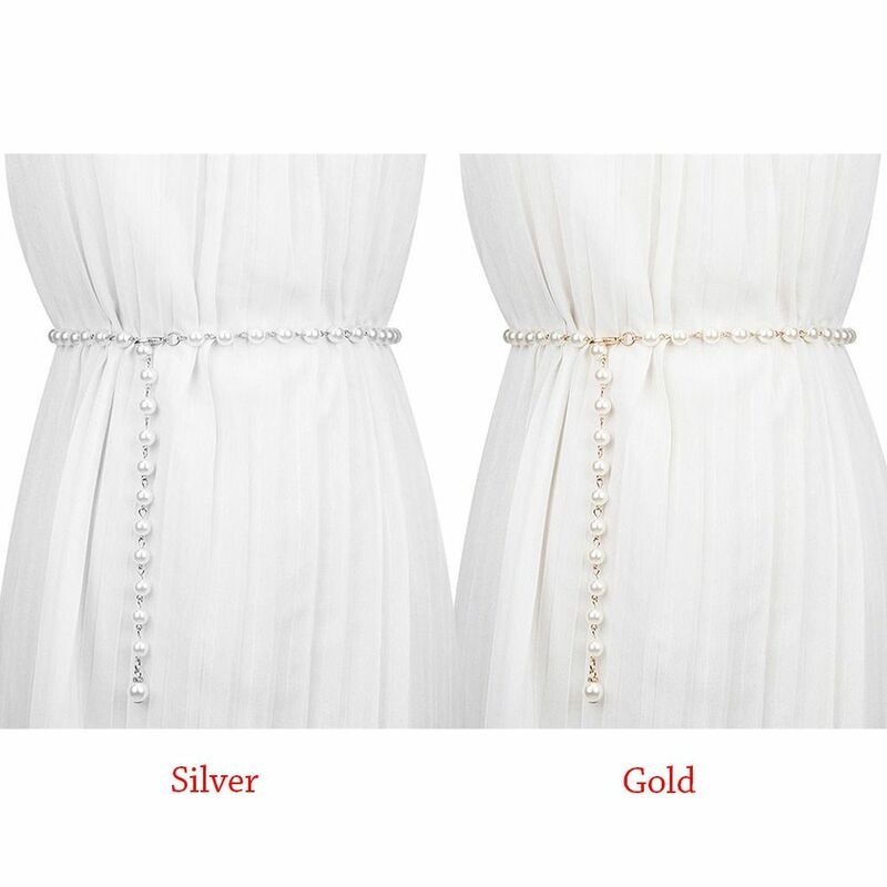 Cinturón con colgante de perlas que combina con todo para mujer, cadena de cintura blanca