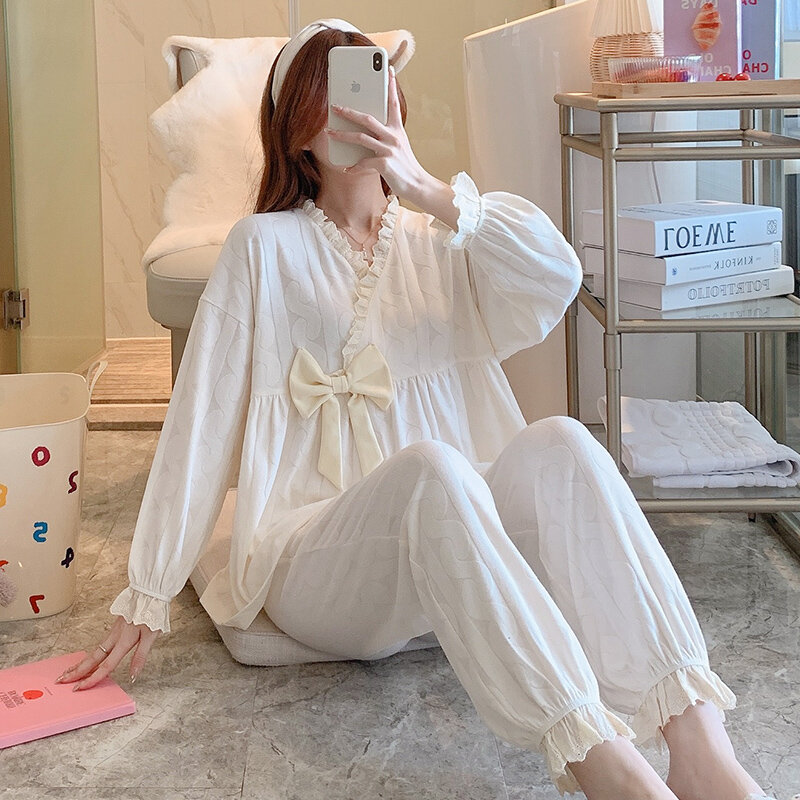 Women's pajamas suit pullover V-neck bow solid color imitation cotton simple casual two-piece spring sweet pajamas home clothes