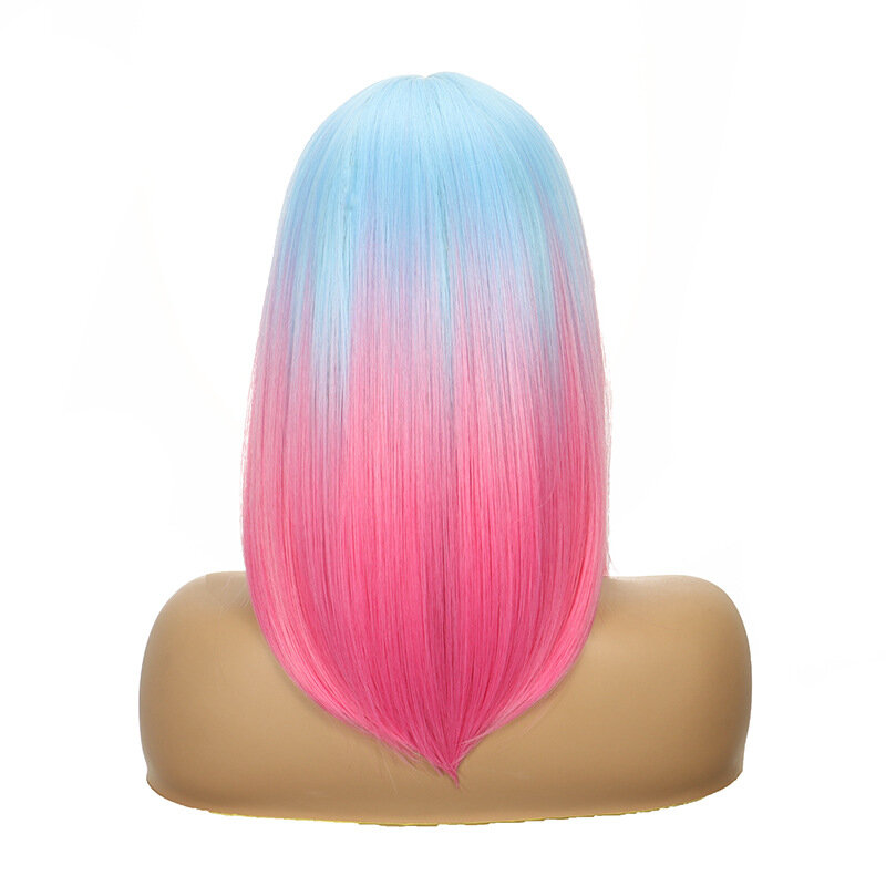 Gradient Wig with Bangs for Women, Blue and Pink Gradient Bob Wig, Cosplay Party Wig