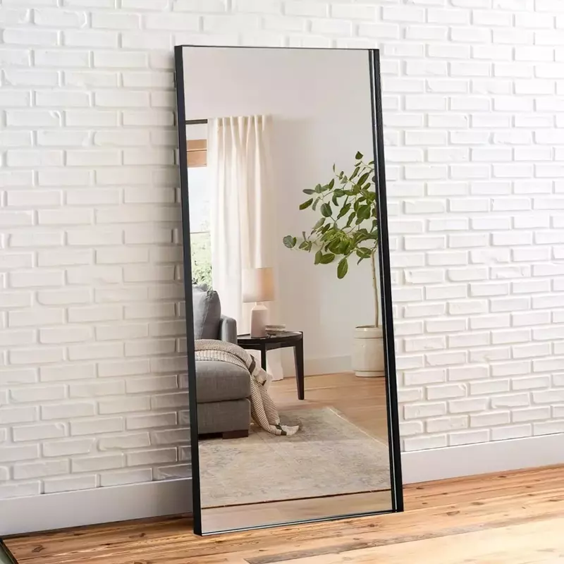 مرآة خلع الملابس بطول كامل ، معلقة أو متكئة ضد الجدار ، مرآة مستطيلة كبيرة ، حديد المطاوع ، أسود ، 63 "x 20"