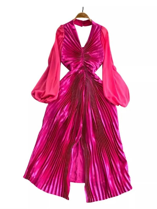 Весенне-осеннее платье в стиле ретро с длинным рукавом и открытой спиной, тонкое металлическое плиссированное платье с разрезом, модель K849