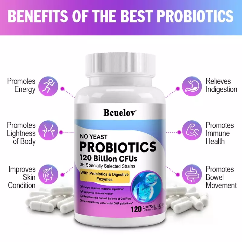 Probiotiques 120 milliards CFU 36 souches contient des prébiotiques et des enzymes Digestives pour la digestion et le soutien immunitaire Vegan, sans OGM