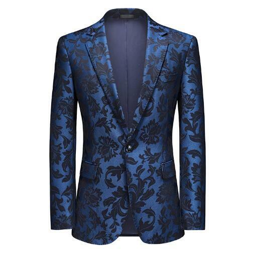 Gaun lengan panjang pola cetak biru pria baru jaket setelan satu kancing pas badan katun Formal 189.99